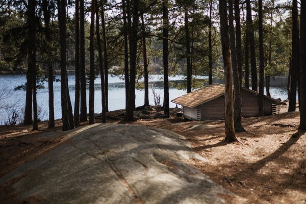 A Lone cabin next to a lake in the Swedish forest