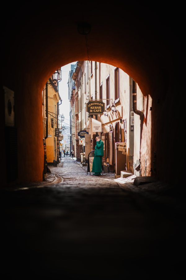 Lady in Green in alleyway at Gamla Stan Sewden