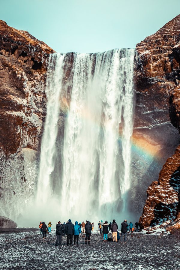 Skogafoss Waterfall in Iceland with a rainbow