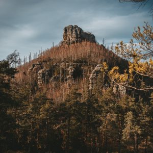 Monolithic rock outcrop towering over a copper and green forest hill under a moody sky in Bohemian Switzerland